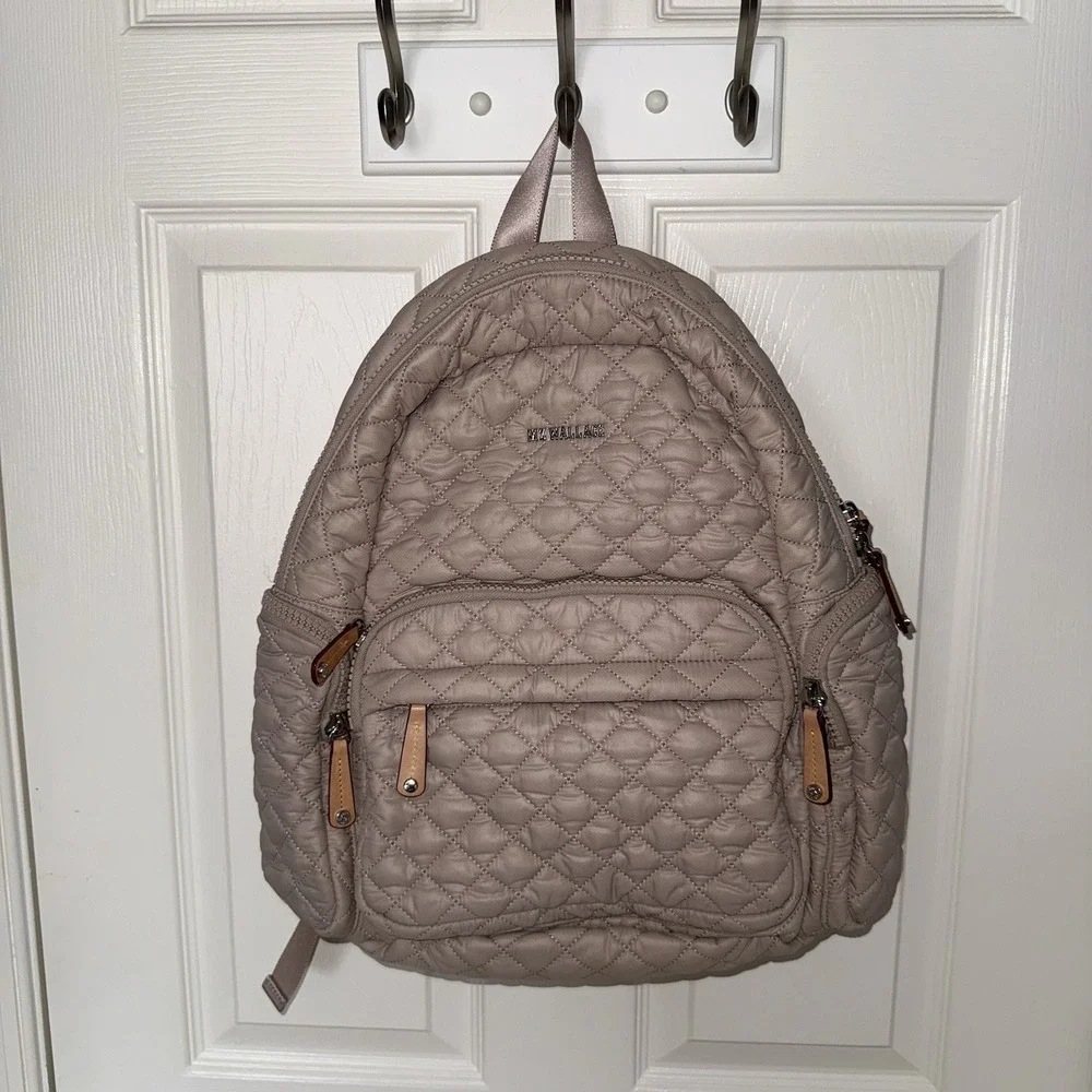 MZ Wallace Pocket Metro Quilted Nylon Backpack Diaper Laptop Work Bag Beige Tan - Picture 14 of 16